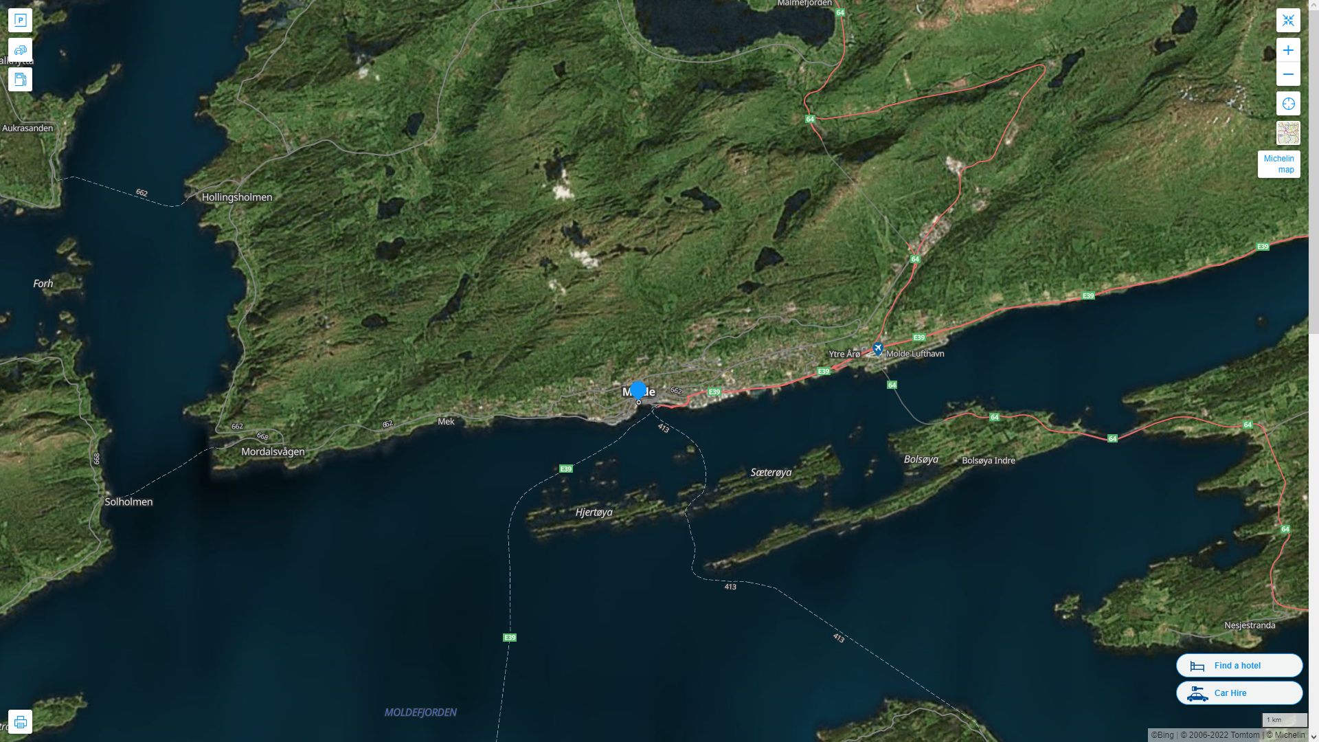 Molde Norvege Autoroute et carte routiere avec vue satellite